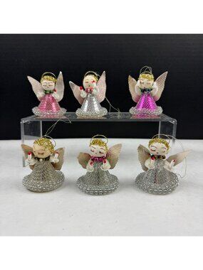 Vintage Spun Cotton Putz Mesh Dress Christmas Angel Ornaments Lot Of 6